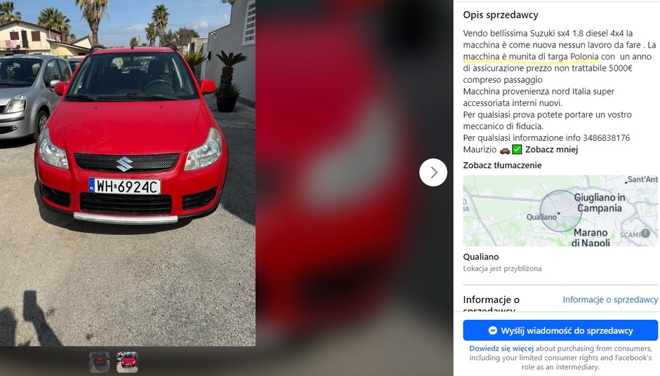 Włoskie ogłoszenie sprzedaży auta na polskich "blachach"