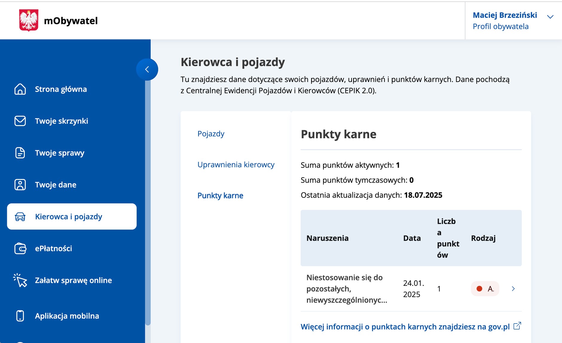 Ekran strony mboywatel.gov.pl na której można sprawdzić stan swojego konta punktowego