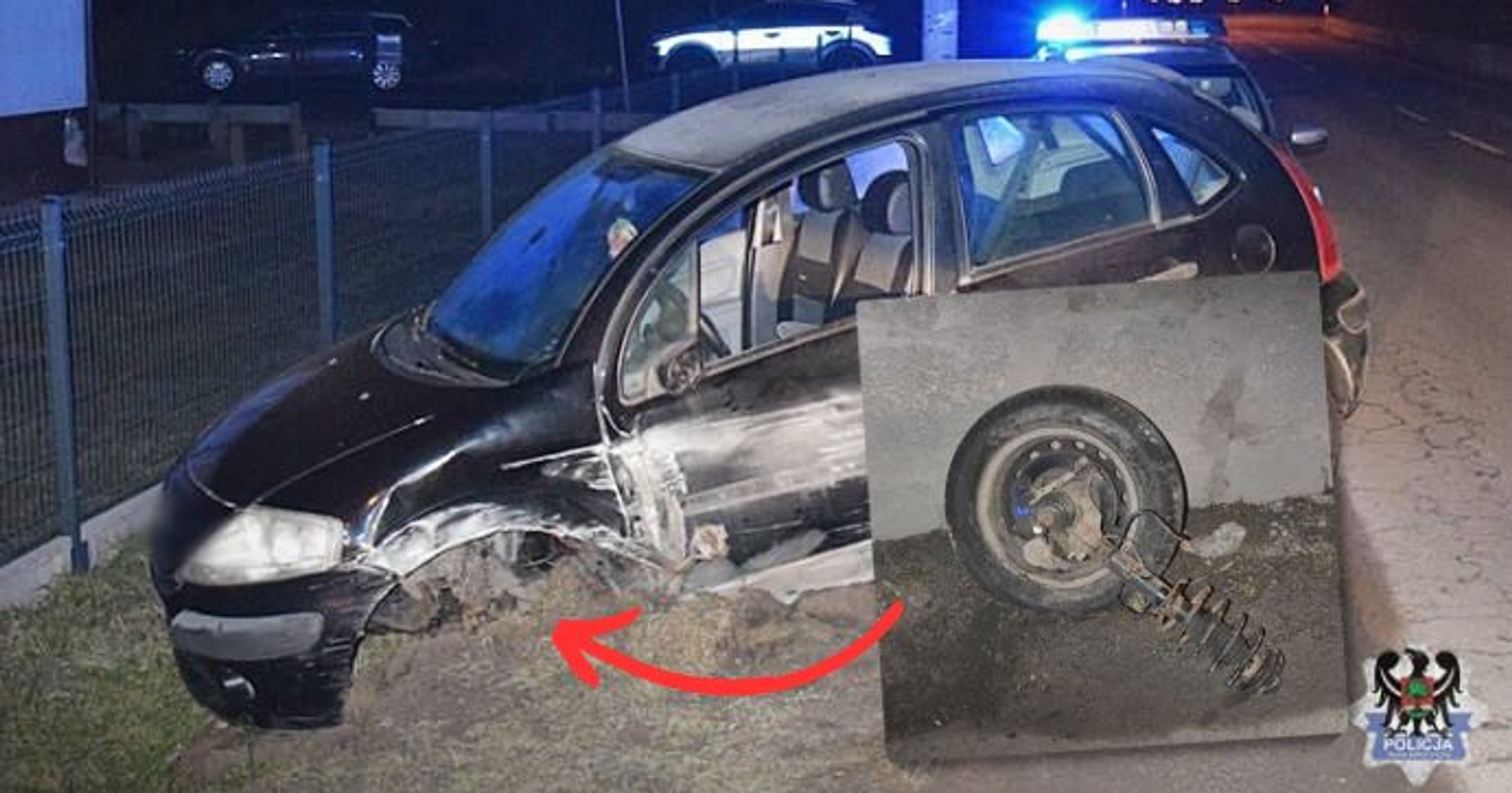 Kierowca wjechał w mur, a potem próbował uciekać... bez koła