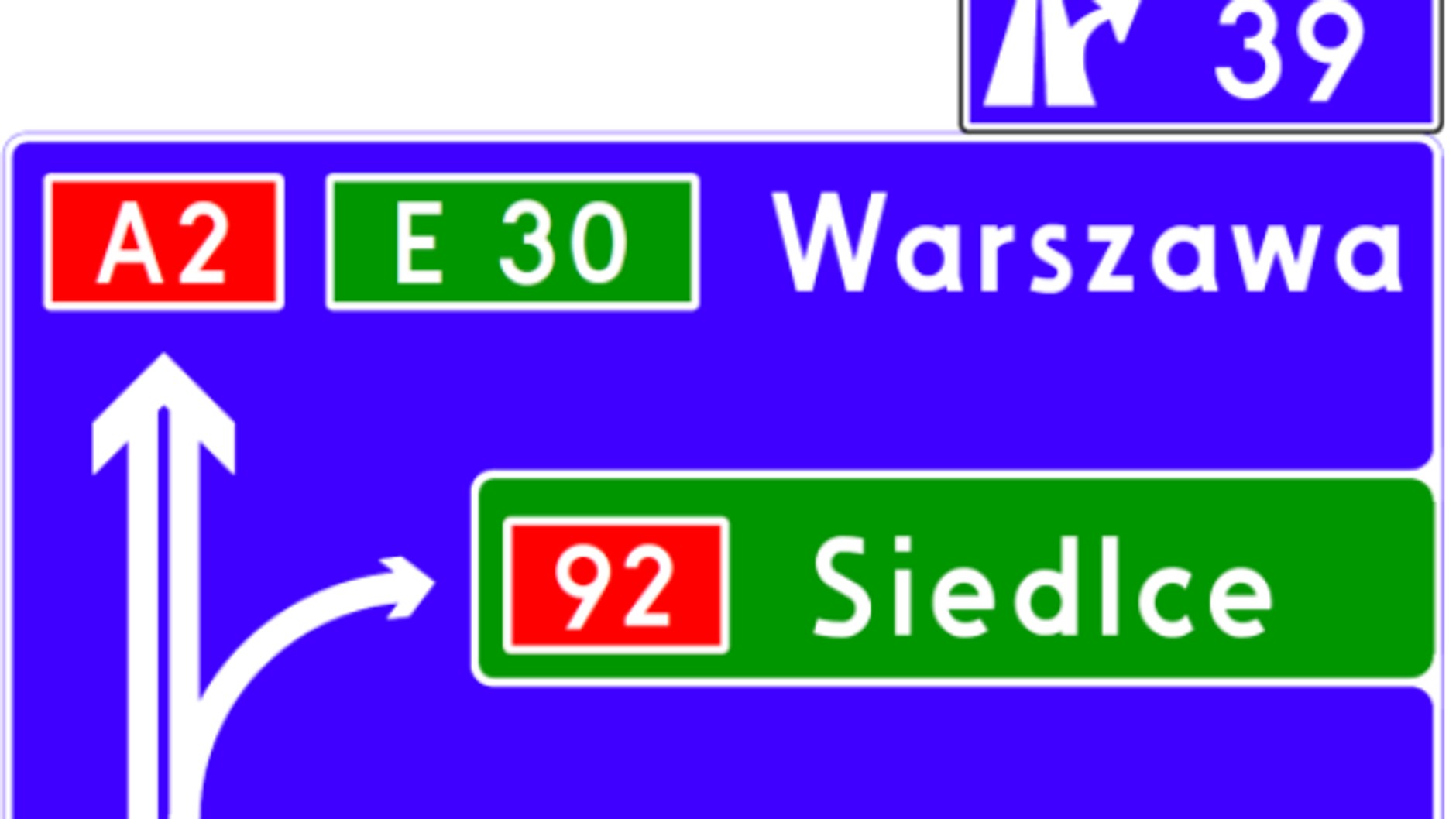 Tablica E-1a I ze znakiem E-20a na autostradzie przed węzłem z drogą krajową