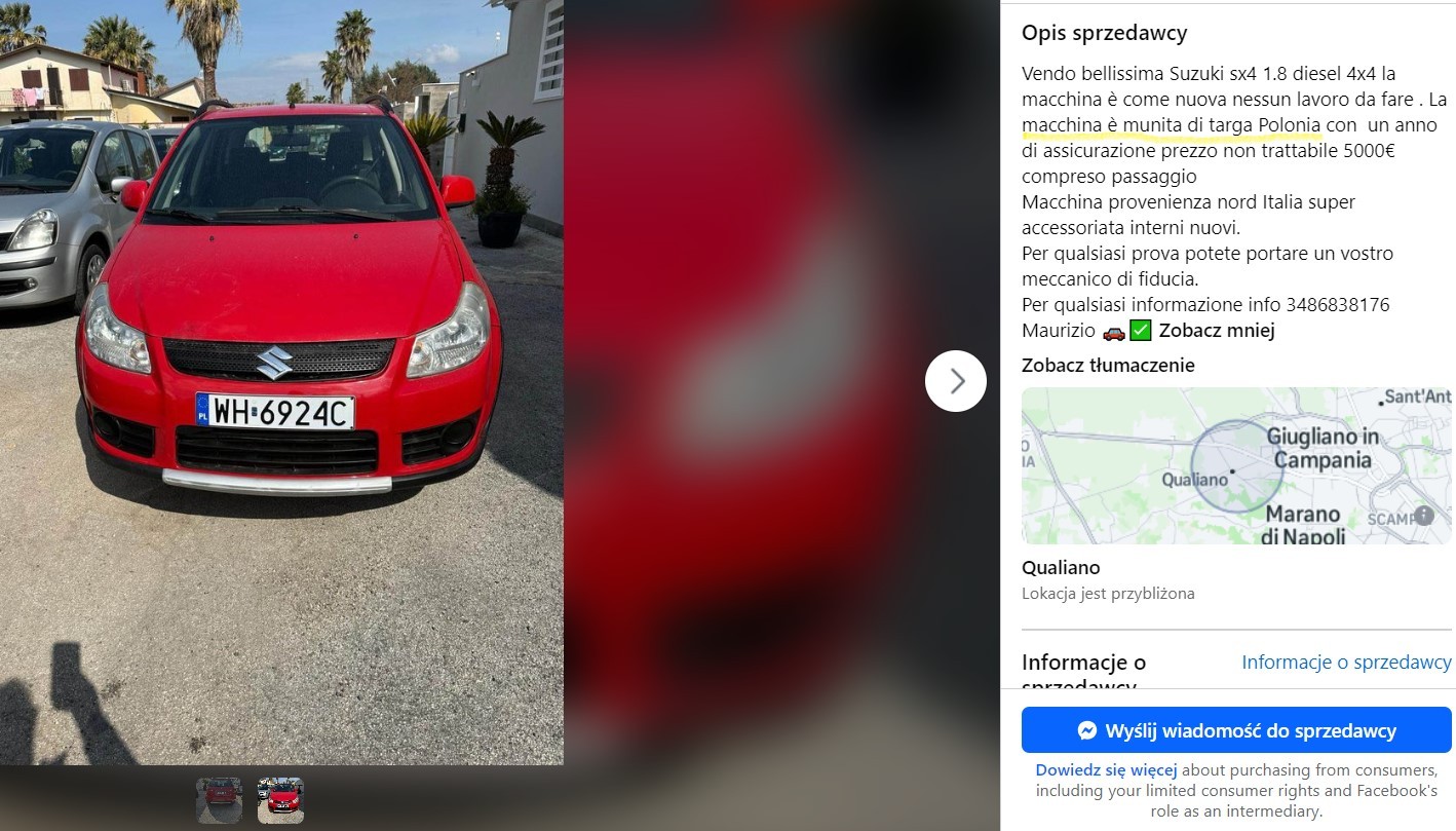 Włoskie ogłoszenie sprzedaży auta na polskich "blachach"
