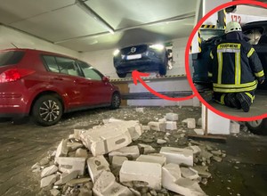 Katastrofa na parkingu. Kierująca przebiła ścianę garażu