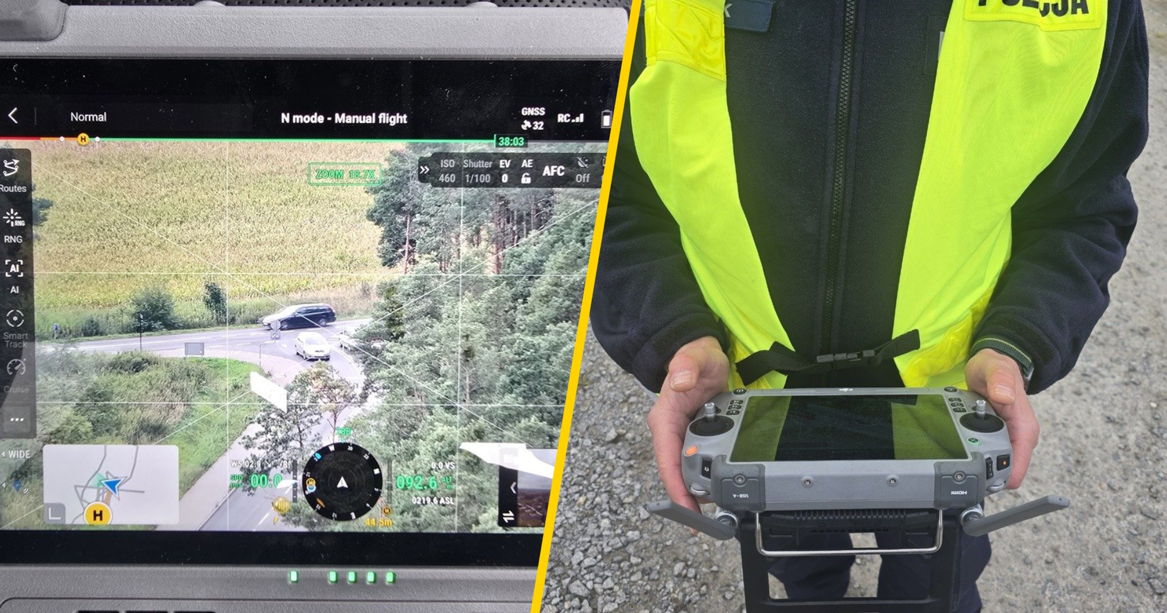 Kontrola drogowa dronem. Działania bezpieczny przejazd kolejowy