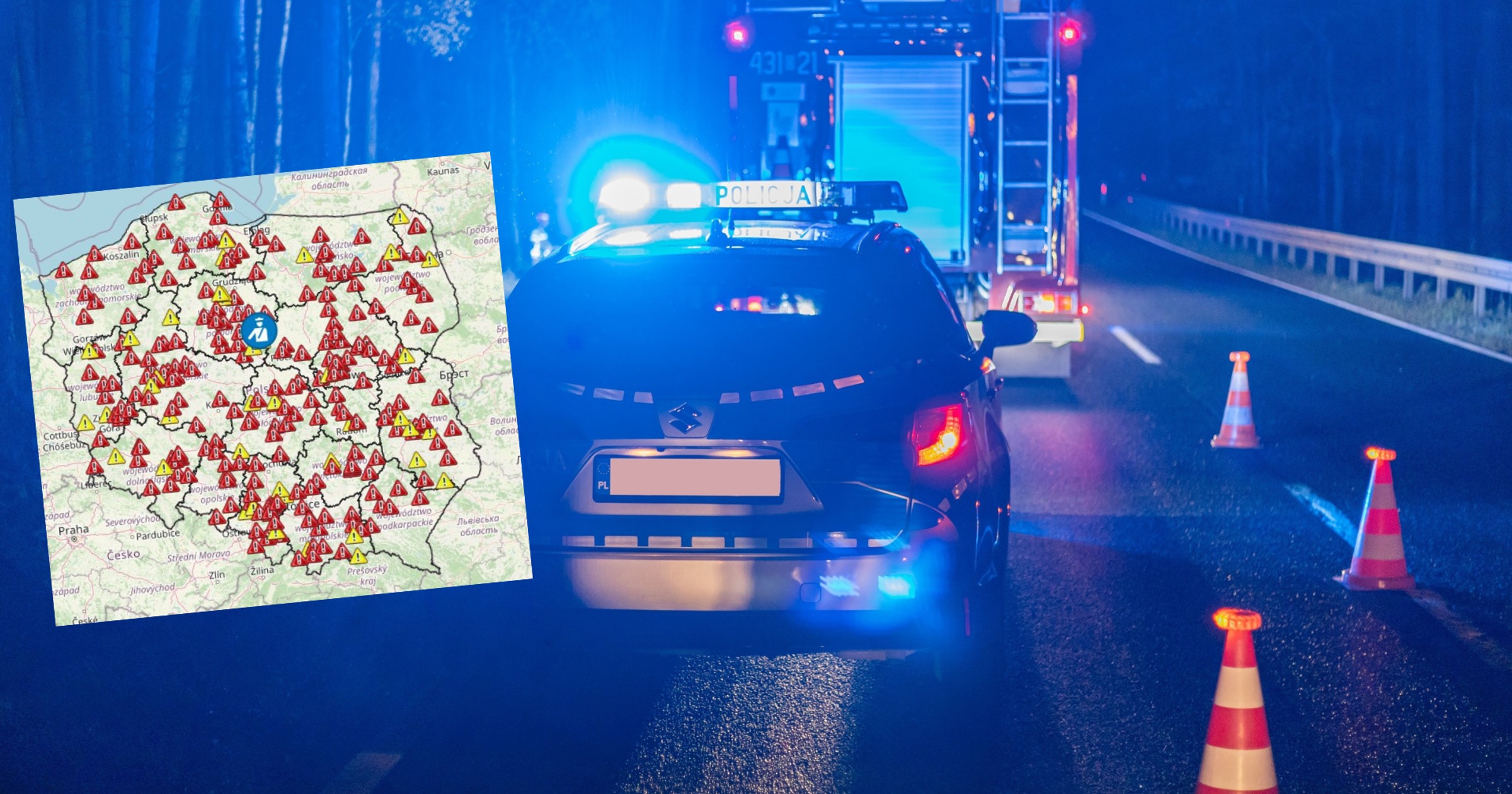 Mapa udostępniona przez policję pokazuje, gdzie w trakcie wakacji doszło do wypadków śmiertelnych na polskich drogach (screen: policja.pl)