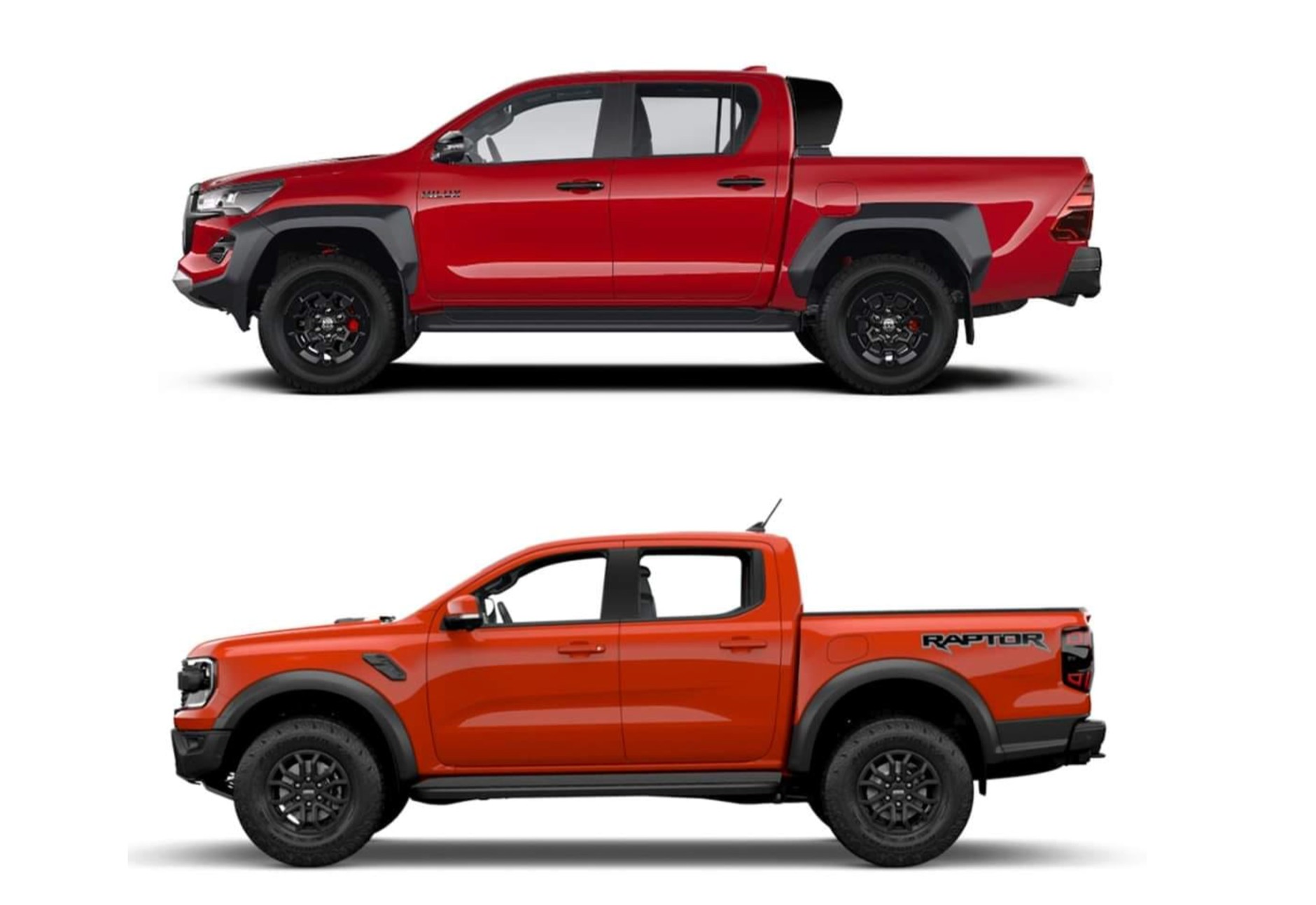Toyota Hilux GR SPORT i Ford Ranger Raptor prezentują się bojowo – rozmiary obu aut są bardzo podobne.