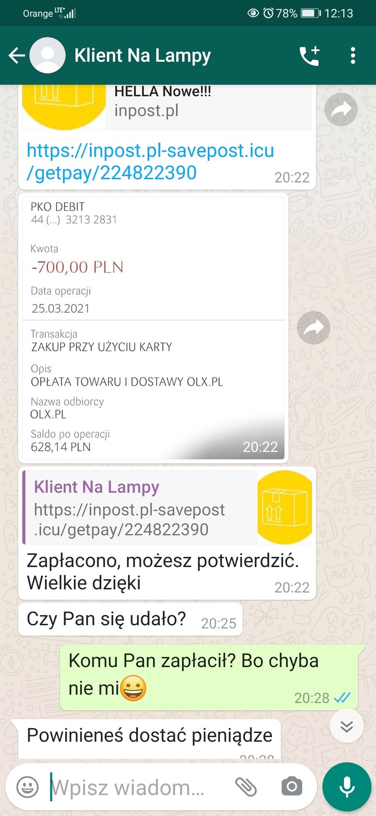 Oszustwa na OLX - korespondencja z oszustem atakującym sprzedawców
