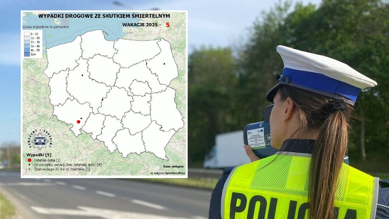 Policyjna mapa wypadków po dwóch dniach wakacji 2025 r.