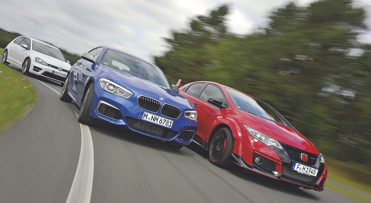 Sportowe kompakty w starciu na torze: Honda Civic Type R Turbo, BMW M135i, VW Golf R