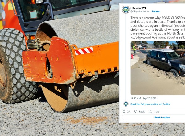 Uciekała Mini i nie zauważyła znaku. Wjechała w świeżo wylany cement...