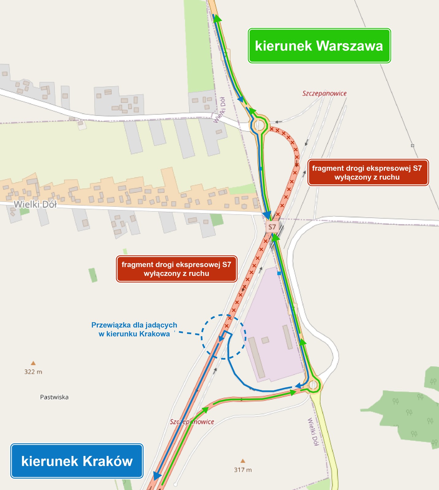 Zmiany w organizacji ruchu na węźle Szczepanowice na S7