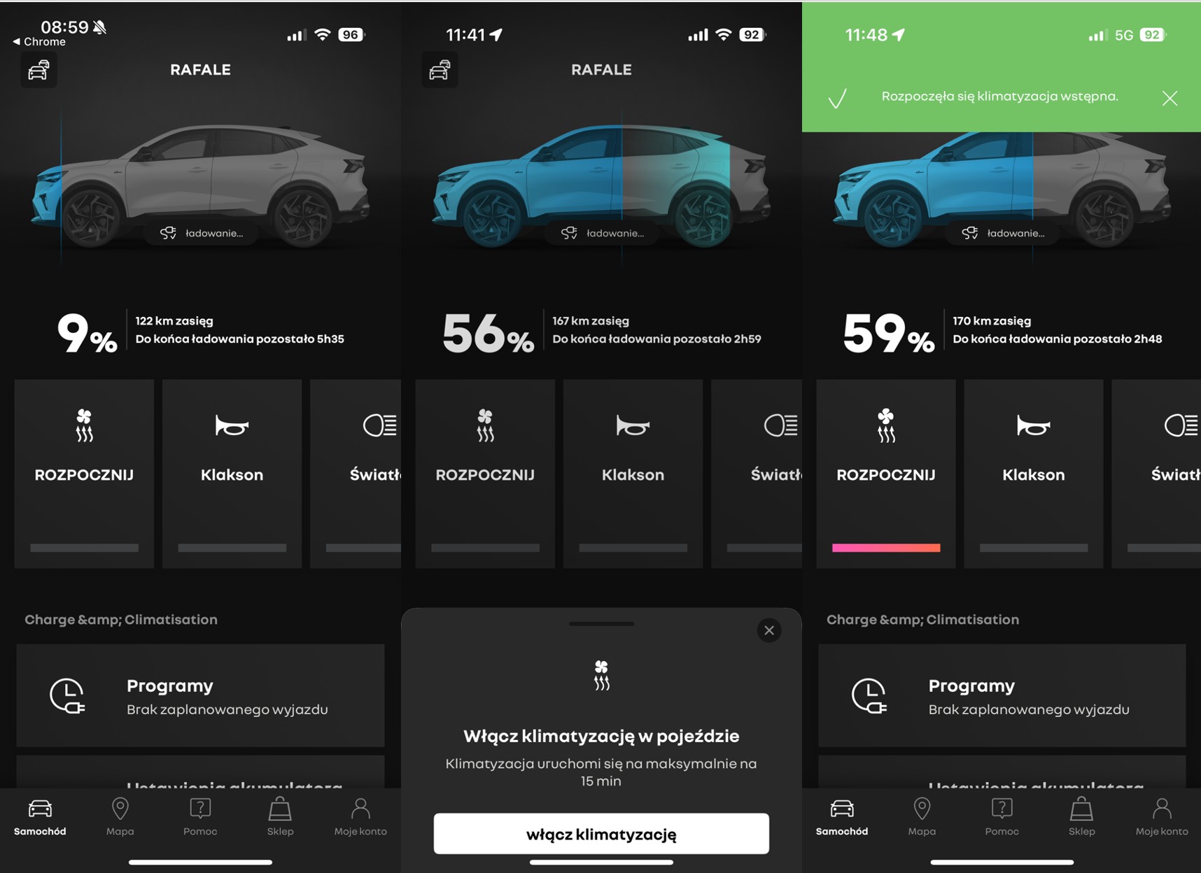 Za pomocą aplikacji w telefonie możemy kontrolować postęp ładowania jak i uruchomić albo zaplanować uruchomienie ogrzewania albo chłodzenia wnętrza