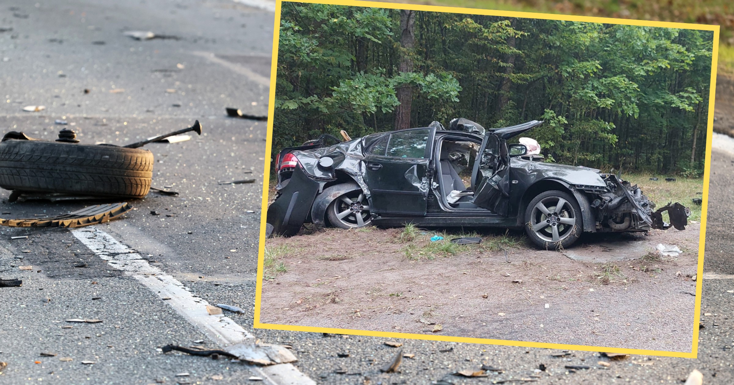 Na drodze wojewódzkiej nr 600 doszło do tragicznego wypadku z udziałem osobowego Saaba. Na miejscu zginęło dwóch 21-latków (screen: KWPOlsztyn/Facebook)