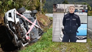 Wracała ze służby, gdy zobaczyła auto kołami do góry. Unosił się z niego dym