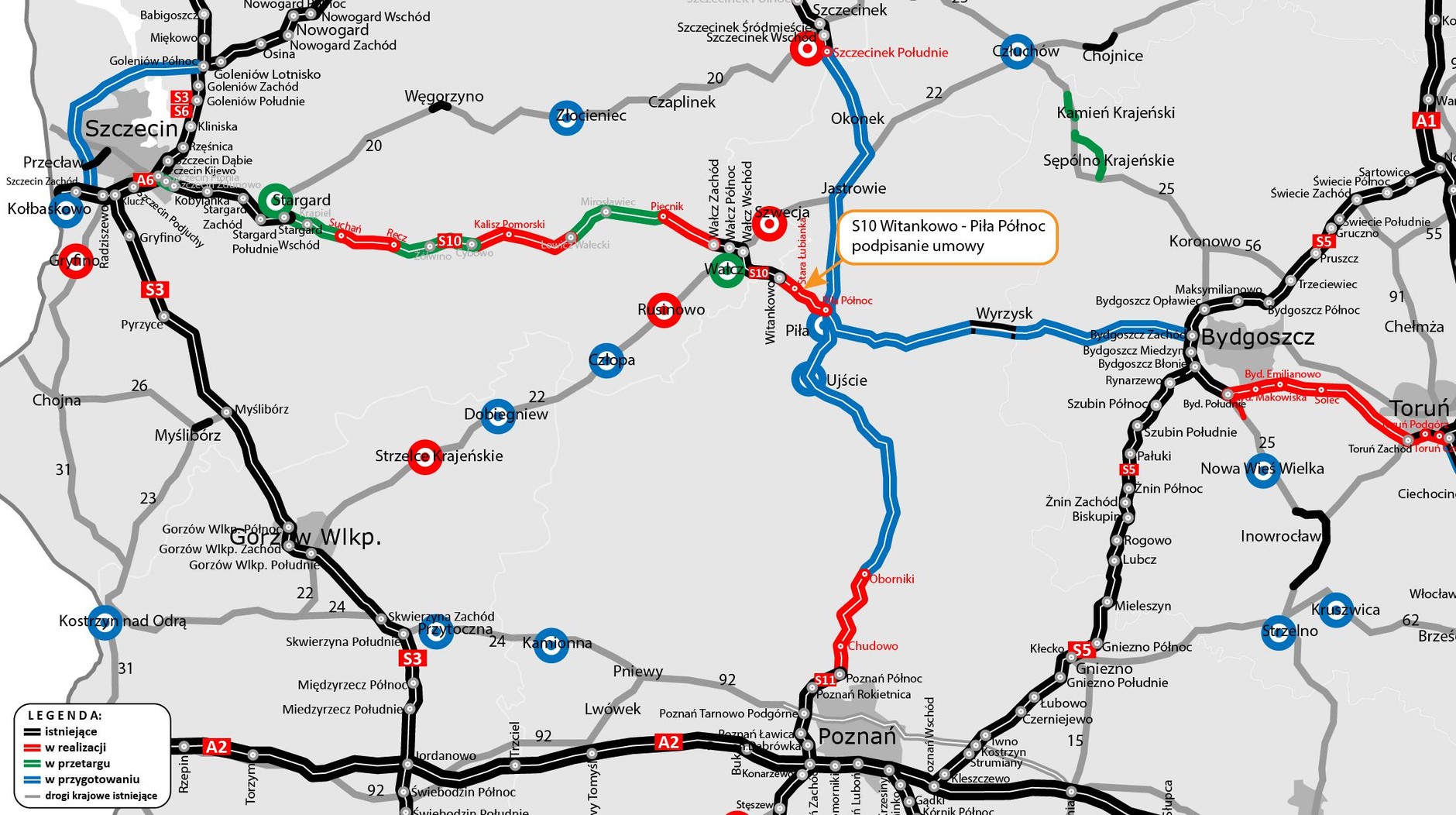 Mapa poglądowa - droga ekspresowa S10 Witankowo - Piła