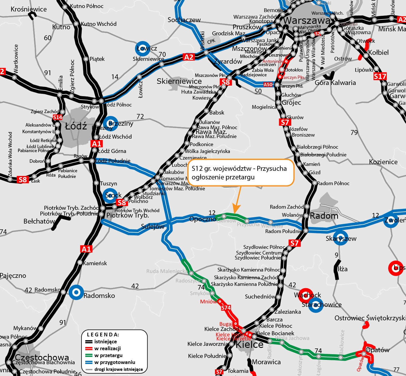 Mapa odcinka drogi S12 granica woj. łódzkiego i mazowieckiego — Przysucha