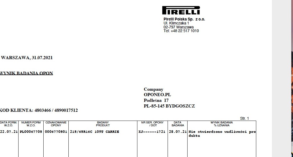 Opona – według producenta – sprawna. Ale czy to ta opona, którą klient zareklamował?