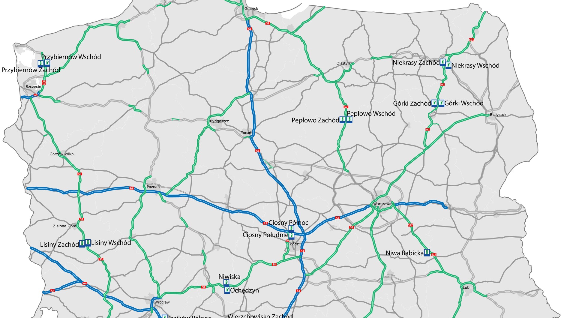 Mapa Polski z lokalizacją MOP objętych przetargiem na dzierżawę miejsc pod stacje ładowania pojazdów elektrycznych