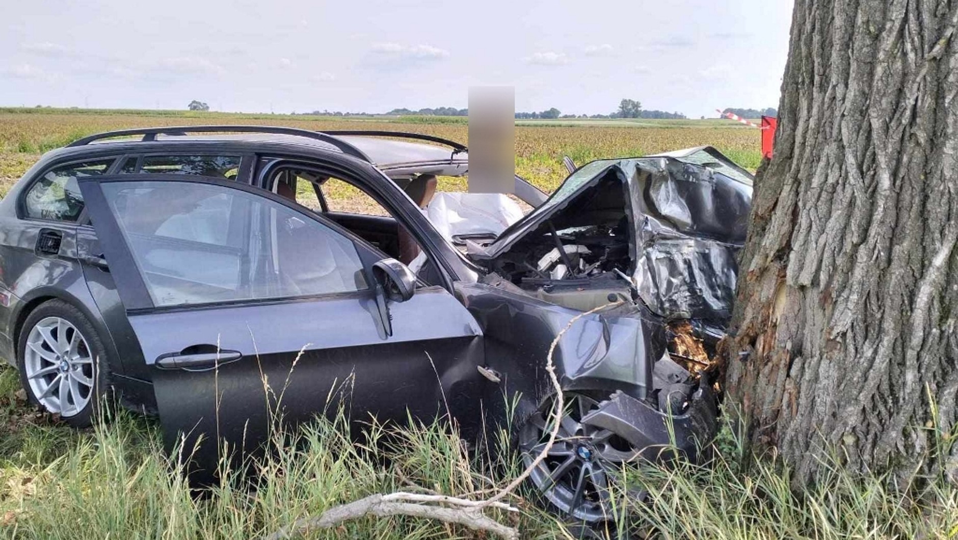 BMW na prostym odcinku drogi zjechało na pobocze i uderzyło w drzewo. Policjanci szukają świadków
