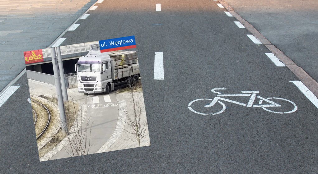 Ciężarówka na ścieżce rowerowej (fot. Rowerowa Łódź/Facebook)