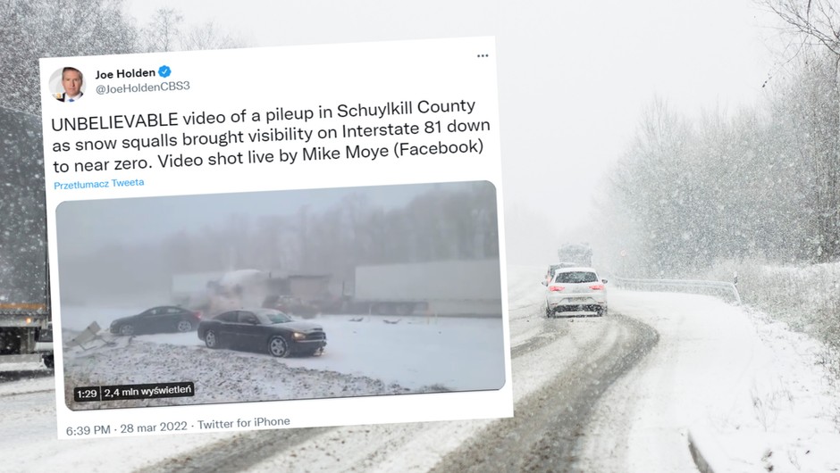 Śnieżyca spowodowała wielki karambol na drodze w stanie Pensylwania w USA [screen: Twitter.com/JoeHoldenCBS3]