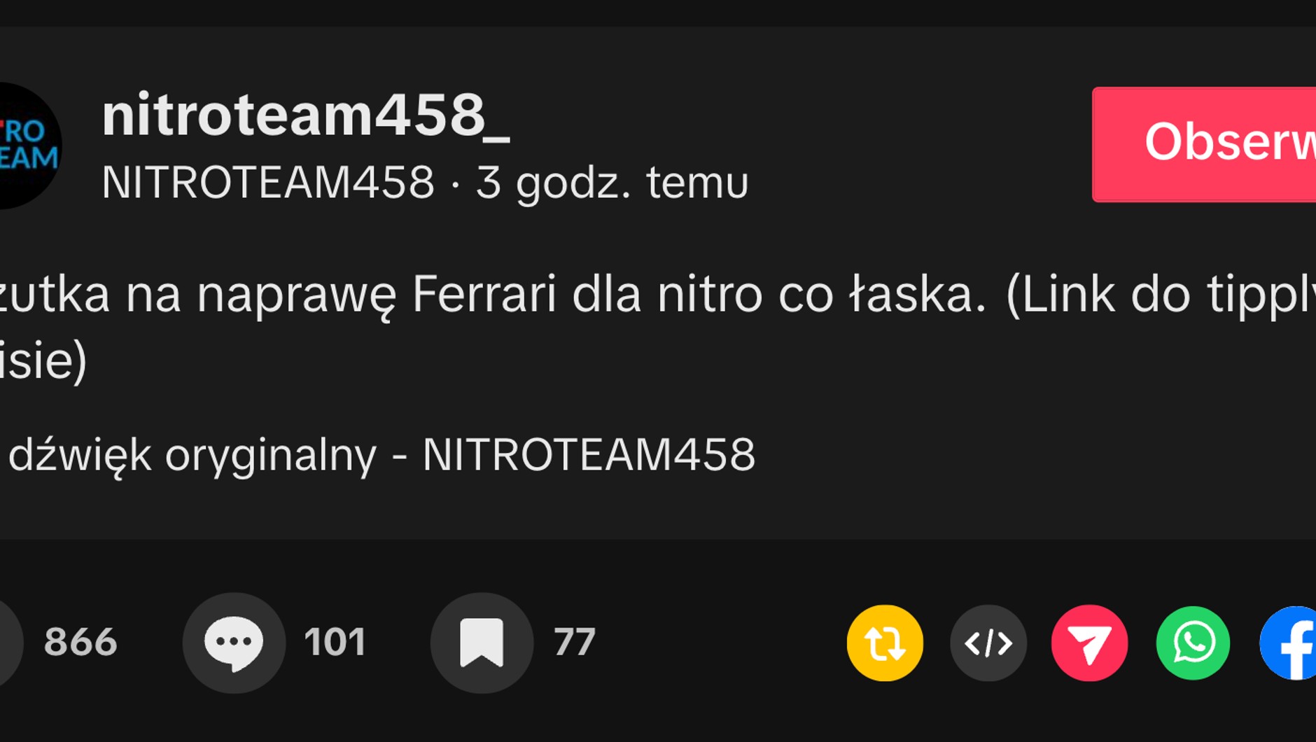 Tiktoker organizuje zrzutkę na zderzak do Ferrari