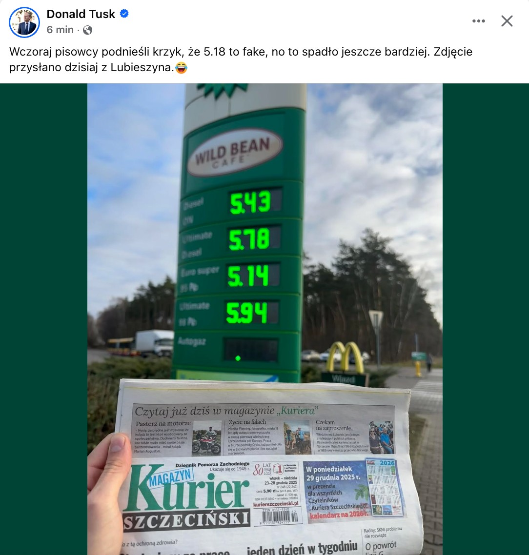 Na zarzuty, że benzyna po 5,18 zł to fake news, premier Tusk odpowiedział kolejnym wpisem ze zdjęciem ze stacji z ceną o kilka groszy niższą. 