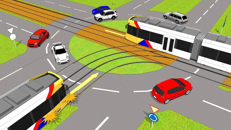 Rondo z tramwajami – uważaj na tramwaj zjeżdżający z ronda – ma pierwszeństwo przed innymi pojazdami znajdującymi się na skrzyżowaniu!