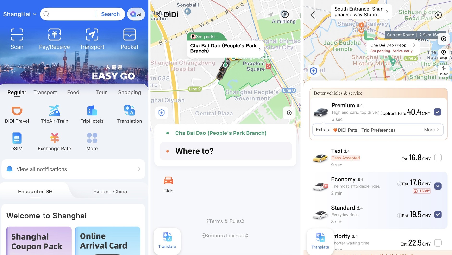 Zrzuty ekranu z aplikacji DiDi, czyli "chińskiego Ubera"