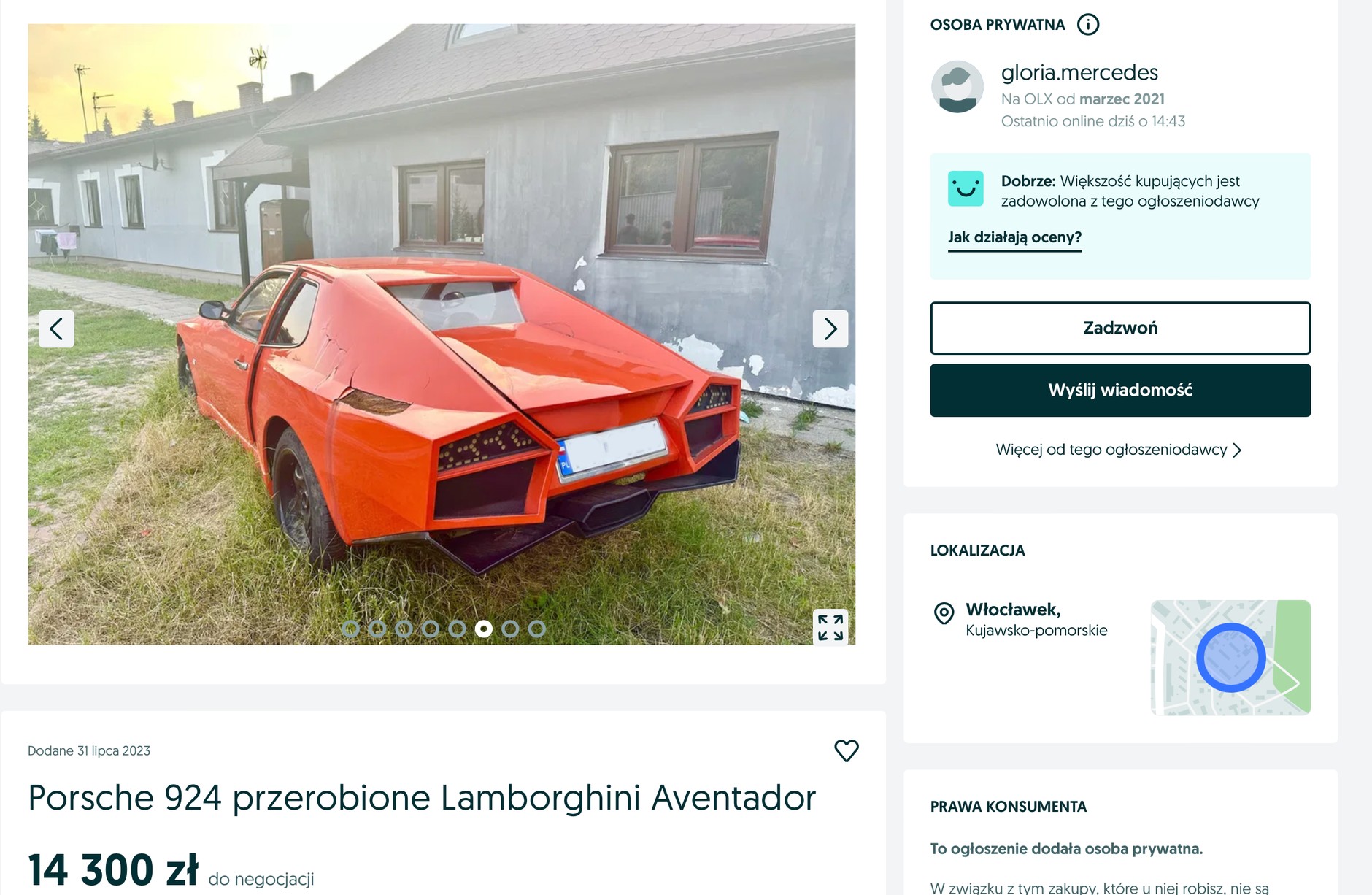 Słynna "repliczka Lambordżini" znów na sprzedaż. Screen z ogłoszenia