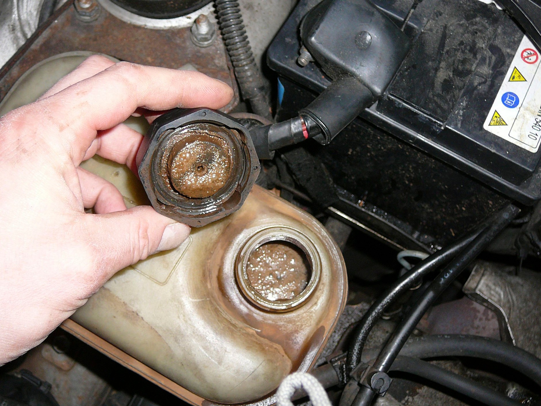 Mętna zawartość zbiorniczka wyrównawczego układu chłodzenia – w tym przypadku problem widać już gołym okiem. 