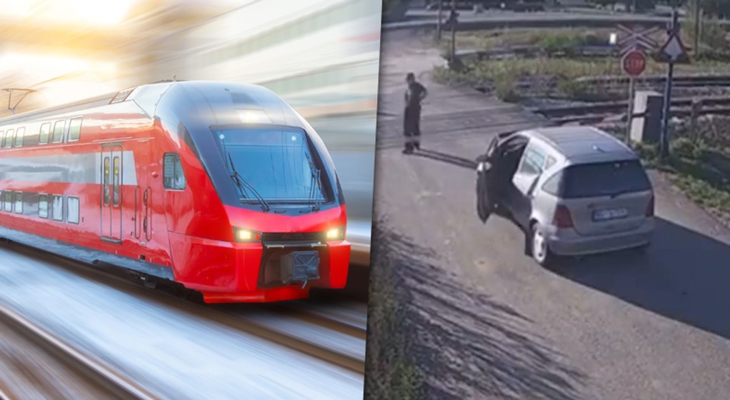 Pociąg prawie zmiażdżył Mercedesa na przejeździe kolejowym (www.reddit.com/Idiots In Cars)