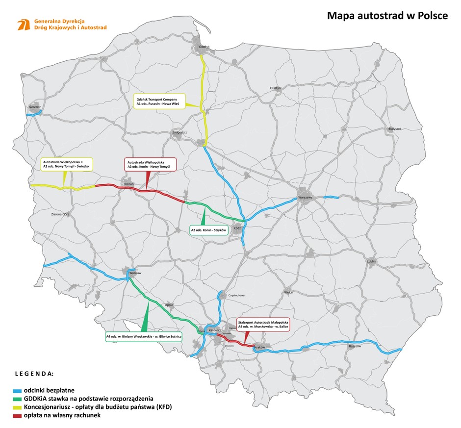 Autostrady z podziałem na odcinki płatne i bezpłatne