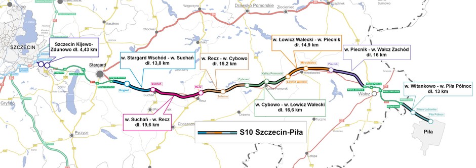 Mapa odcinków S10 Szczecin-Piła