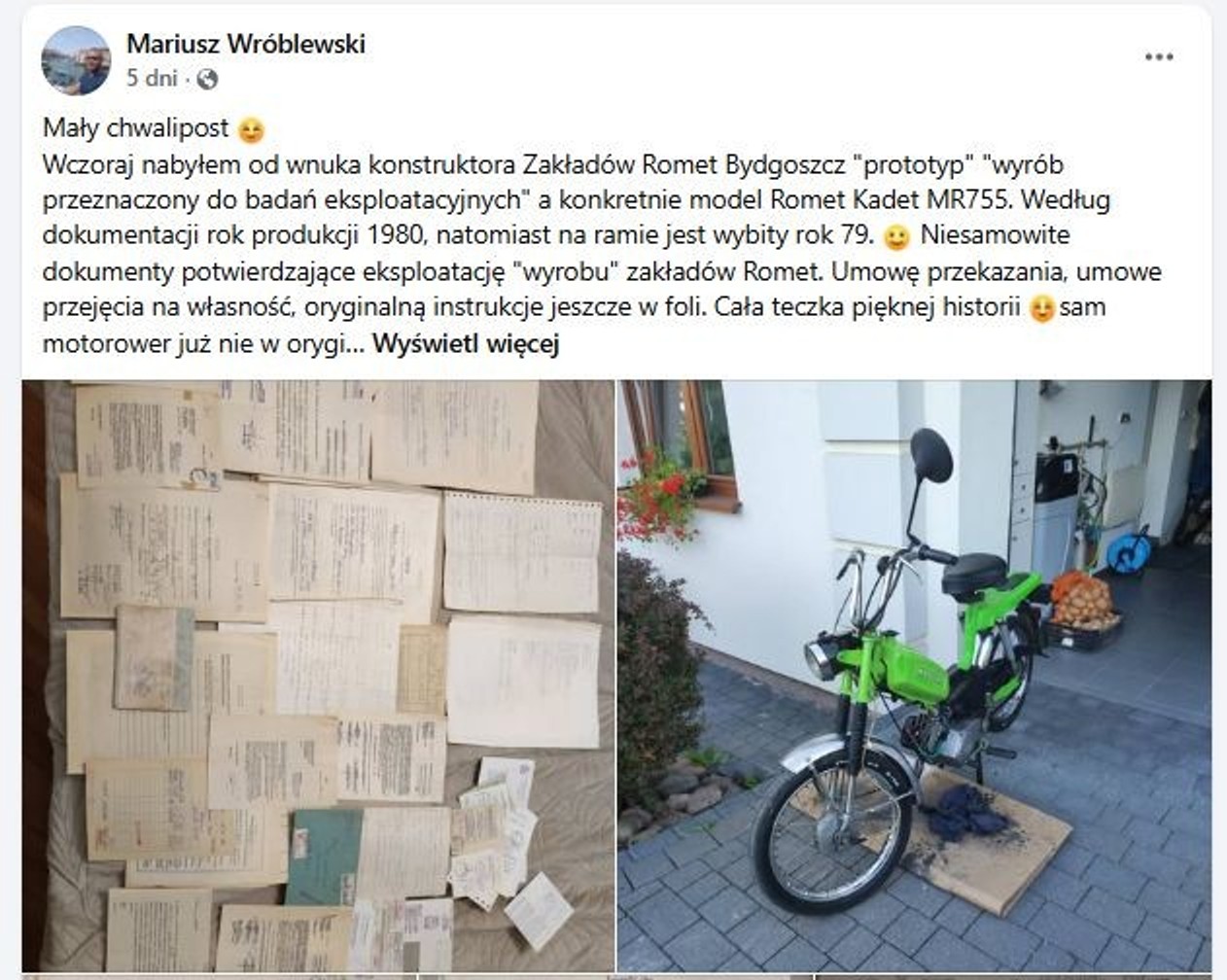 Post o kupnie prototypu motoroweru Romet Kadet