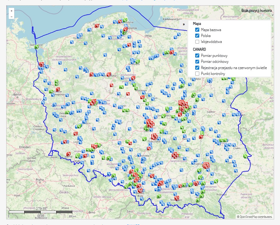 Mapa odcinkowych pomiarów prędkości, fotoradarów i RedLight, grudzień 2025 r.