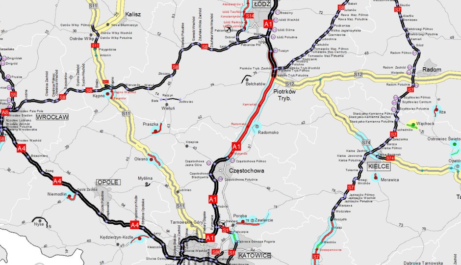 Odcinek drogi DK1, zaznaczony na czerwono, ma być 3-pasmową autostradą do 2022 roku. Obecnie na większości zaznaczonego na mapie odcinka trwają prace budowlane