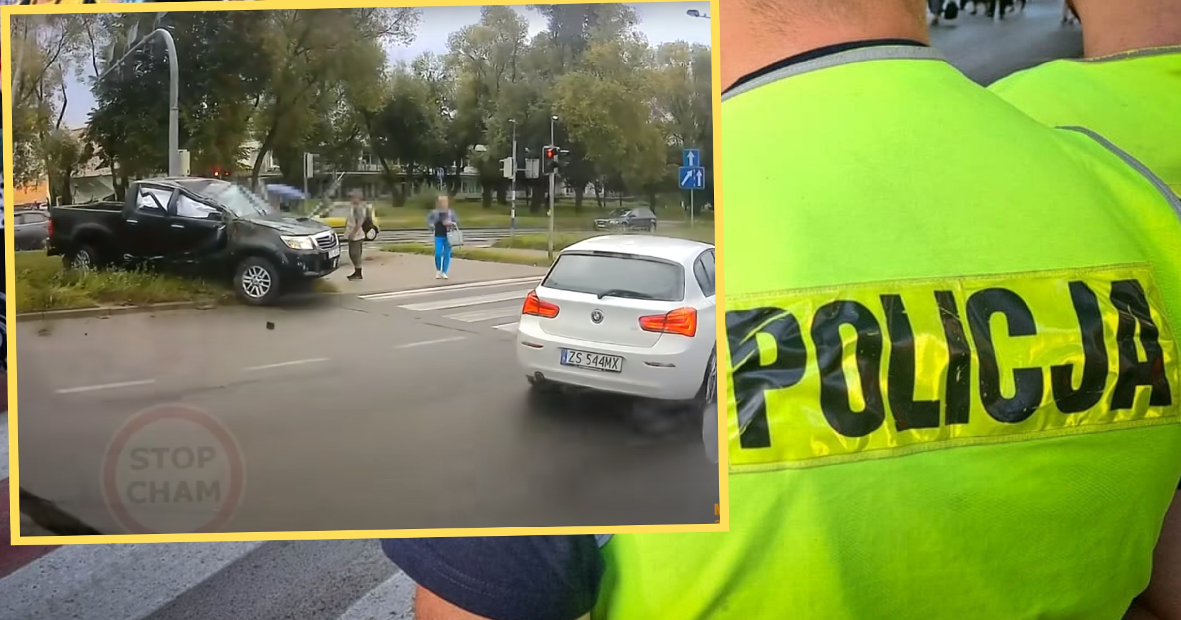 Nieoznakowany radiowóz zderzył się na skrzyżowaniu w Szczecinie z BMW. Policyjnym samochodem był przewożony zatrzymany (screen: STOPCHAM/YouTube)