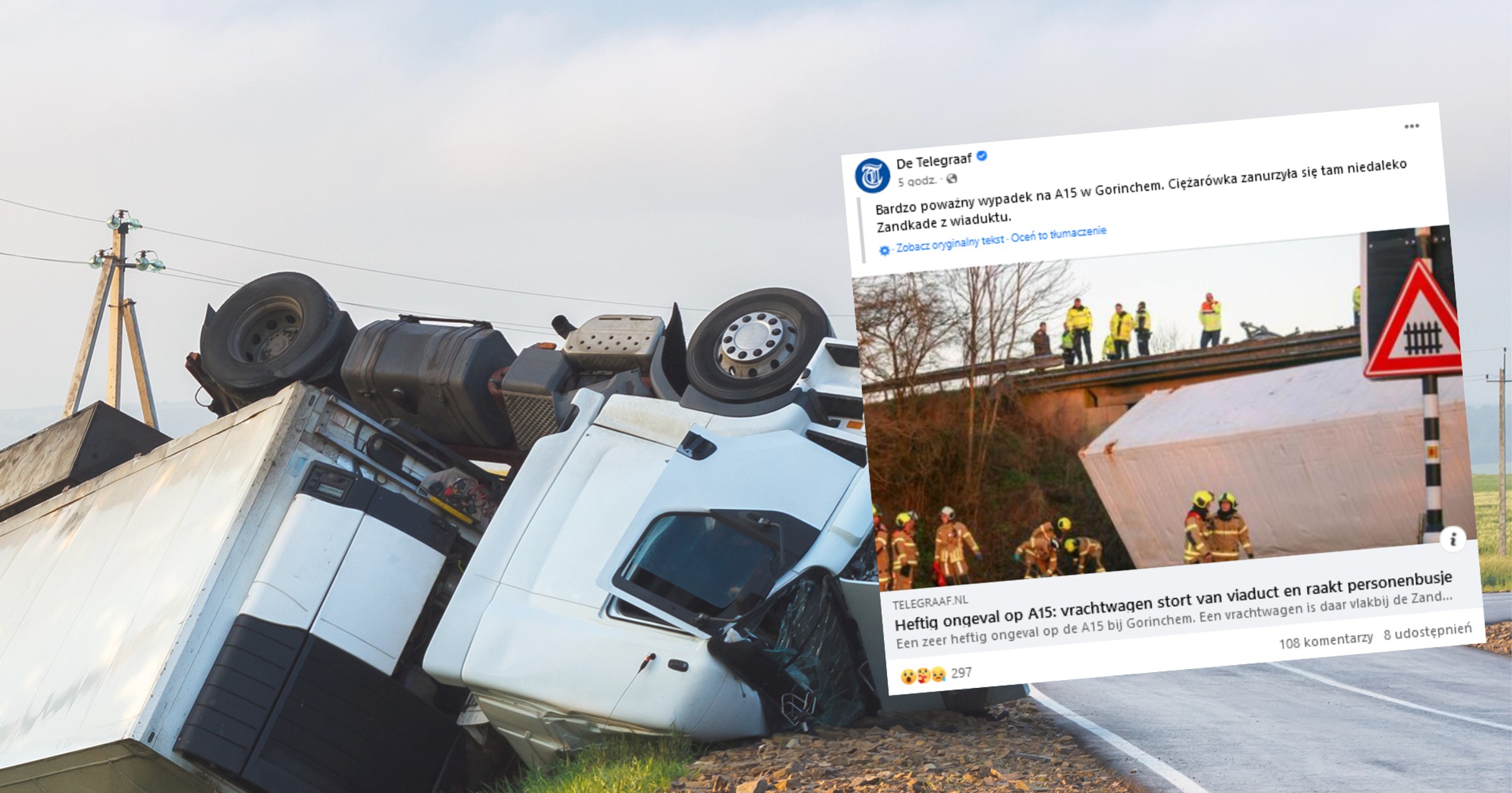 Ciężarówka leżała w rowie (fot. screen facebook.com/telegraaf)
