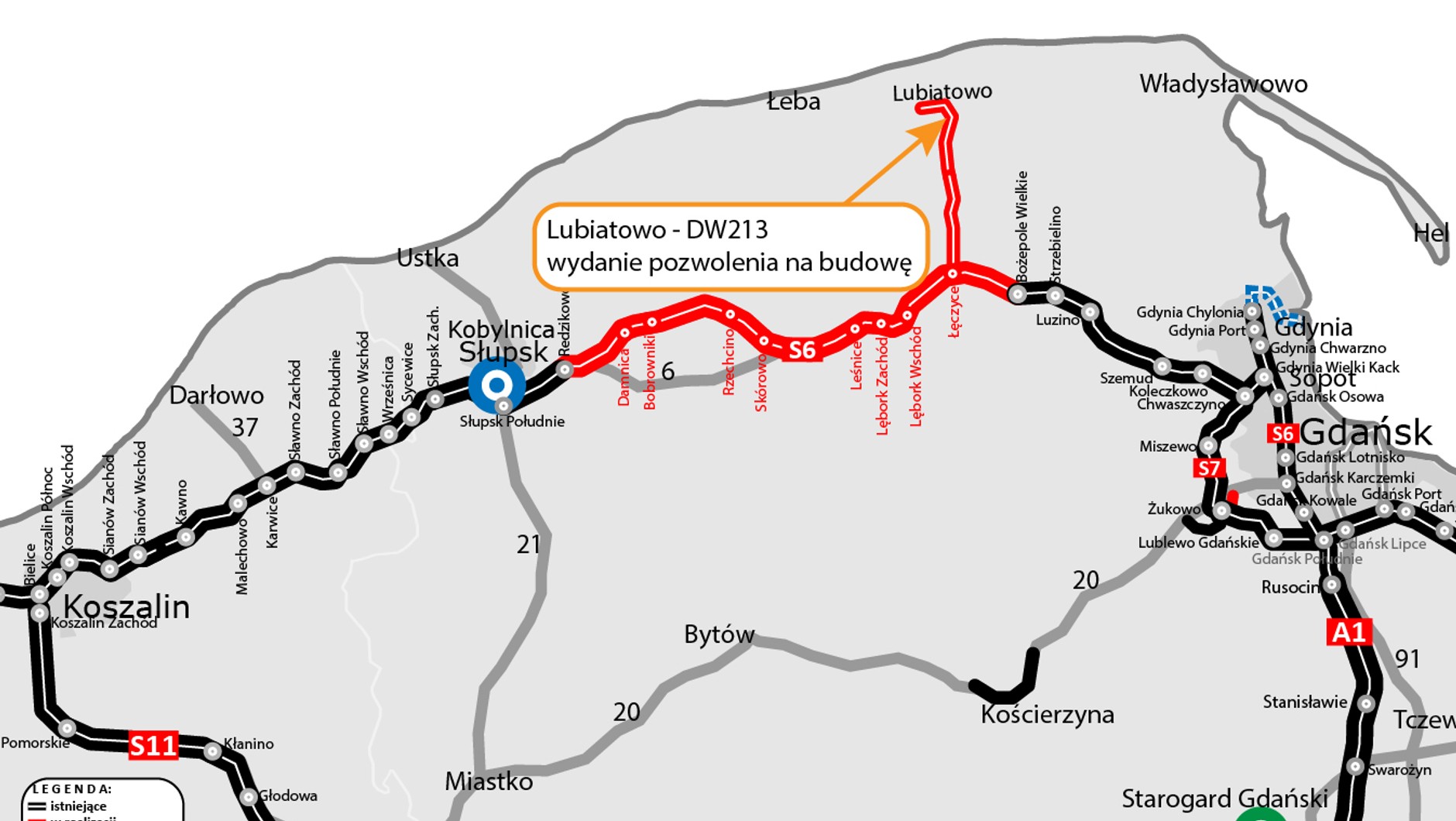 Mapa ostatniej mili w ramach drogi krajowej do elektrowni na odcinku Lubiatowo-DW213