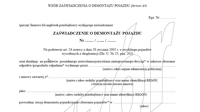 Wzór zaświadczenia o demontażu pojazdu