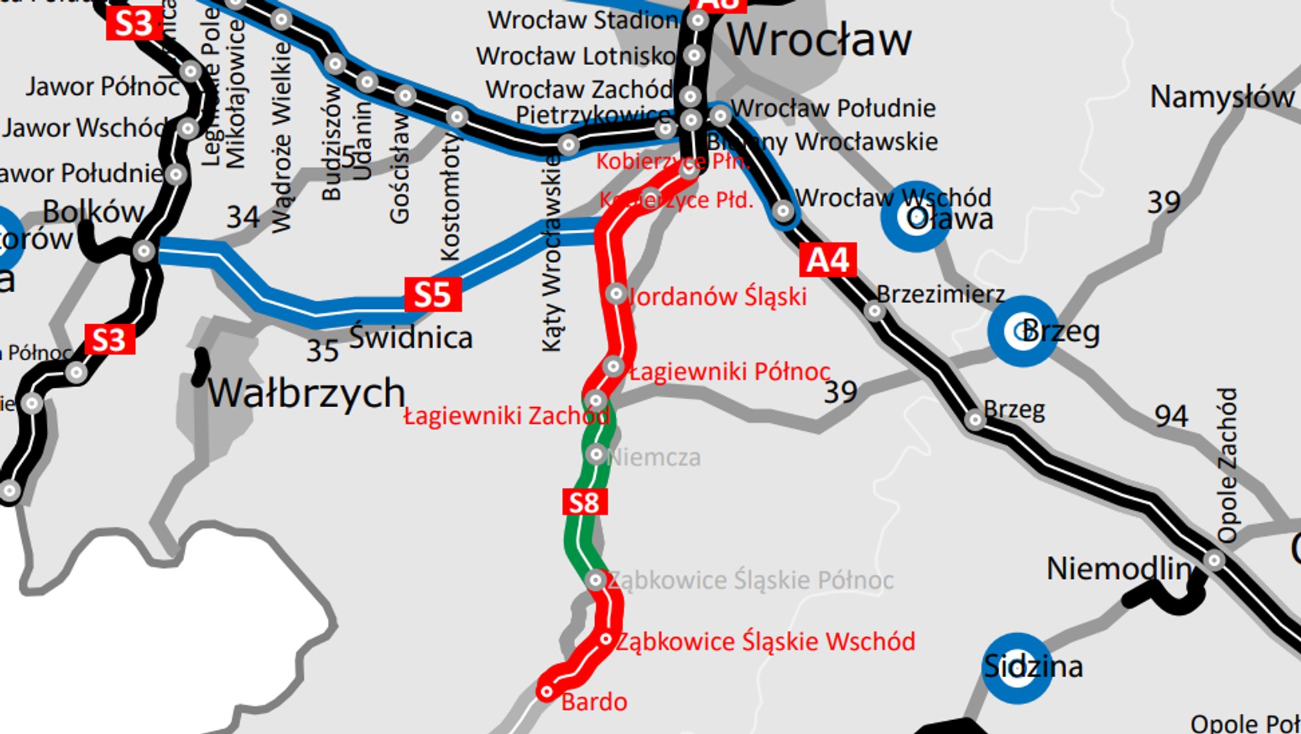 Droga S8 Łagiewniki Zachód — Niemcza. Mapa
