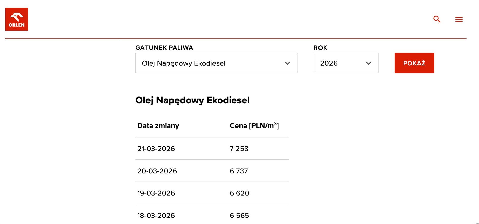 Tak wygląda strona Orlenu, na której podawane są hurtowe ceny paliw. Obejmują one akcyzę i opłatę paliwową, ale nie obejmują podatku VAT
