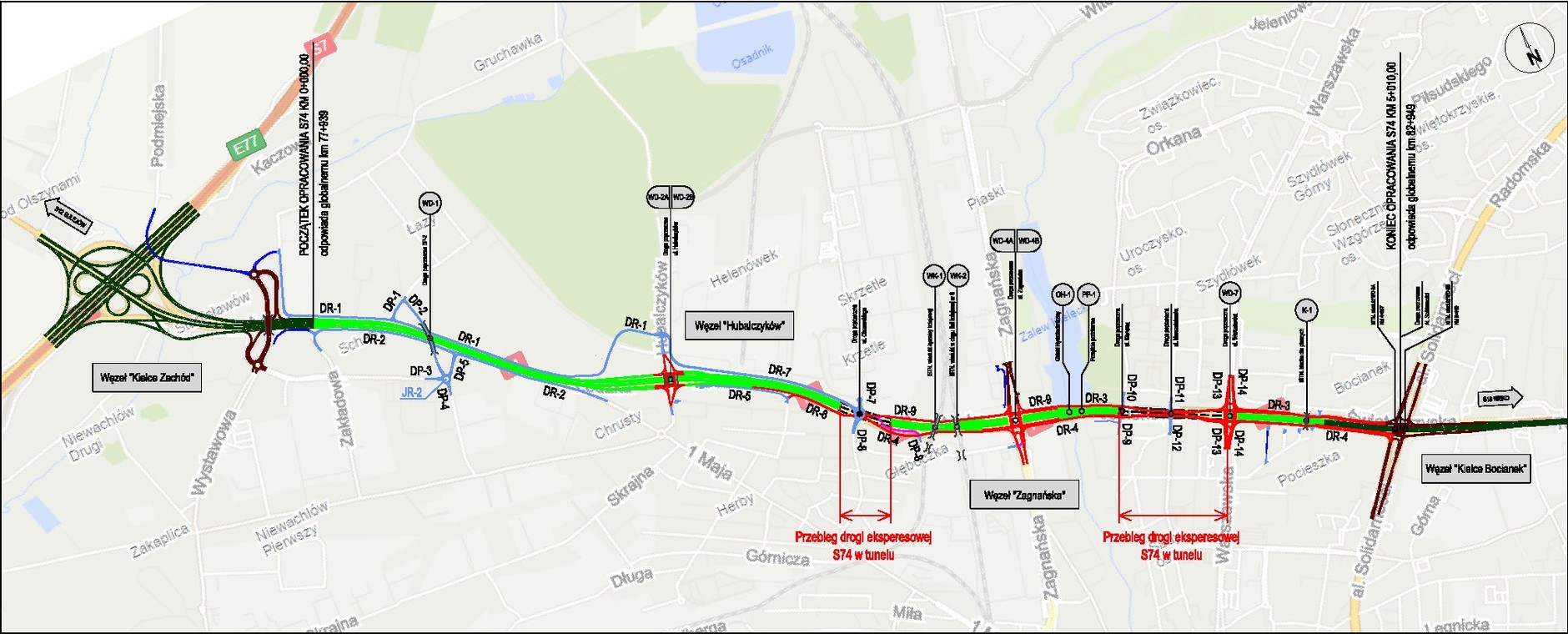 Przebieg S74 przez Kielce - mapa orientacyjna