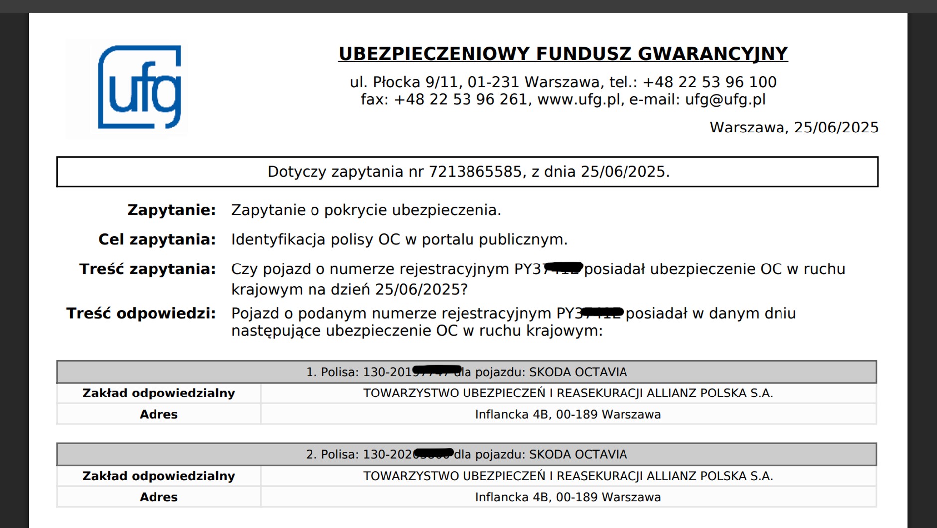 System w ciągu kilku sekund generuje odpowiedź na temat OC auta