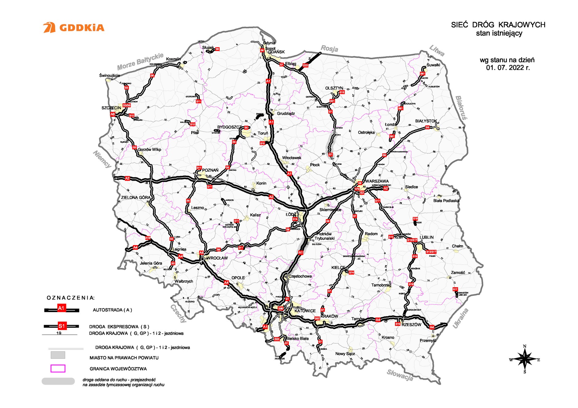 Sieć dróg krajowych (stan na 1 lipca 2022)