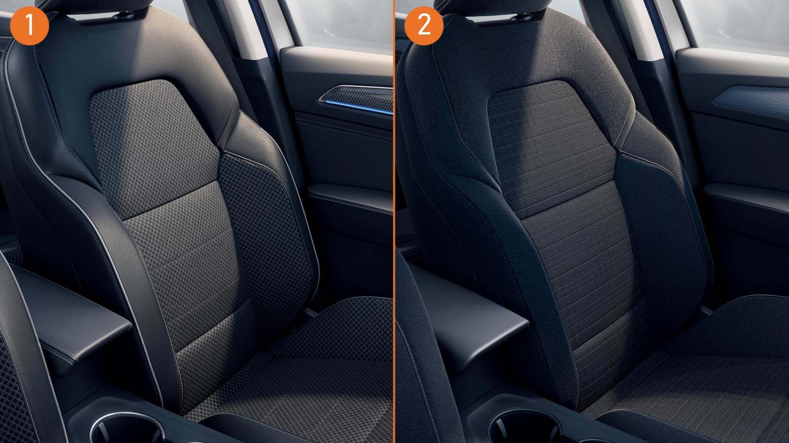 1. Czarna materiałowa tapicerka z elementami skóry eko – standard w Intens. 2. Czarna materiałowa tapicerka przypisana jest do podstawowej odmiany Zen.