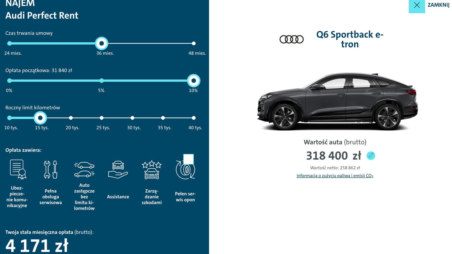 Audi jest dużo droższe, a rata... niższa niż w przypadku Skody – poglądowe koszty podawane przez kalkulator internetowy VWFS