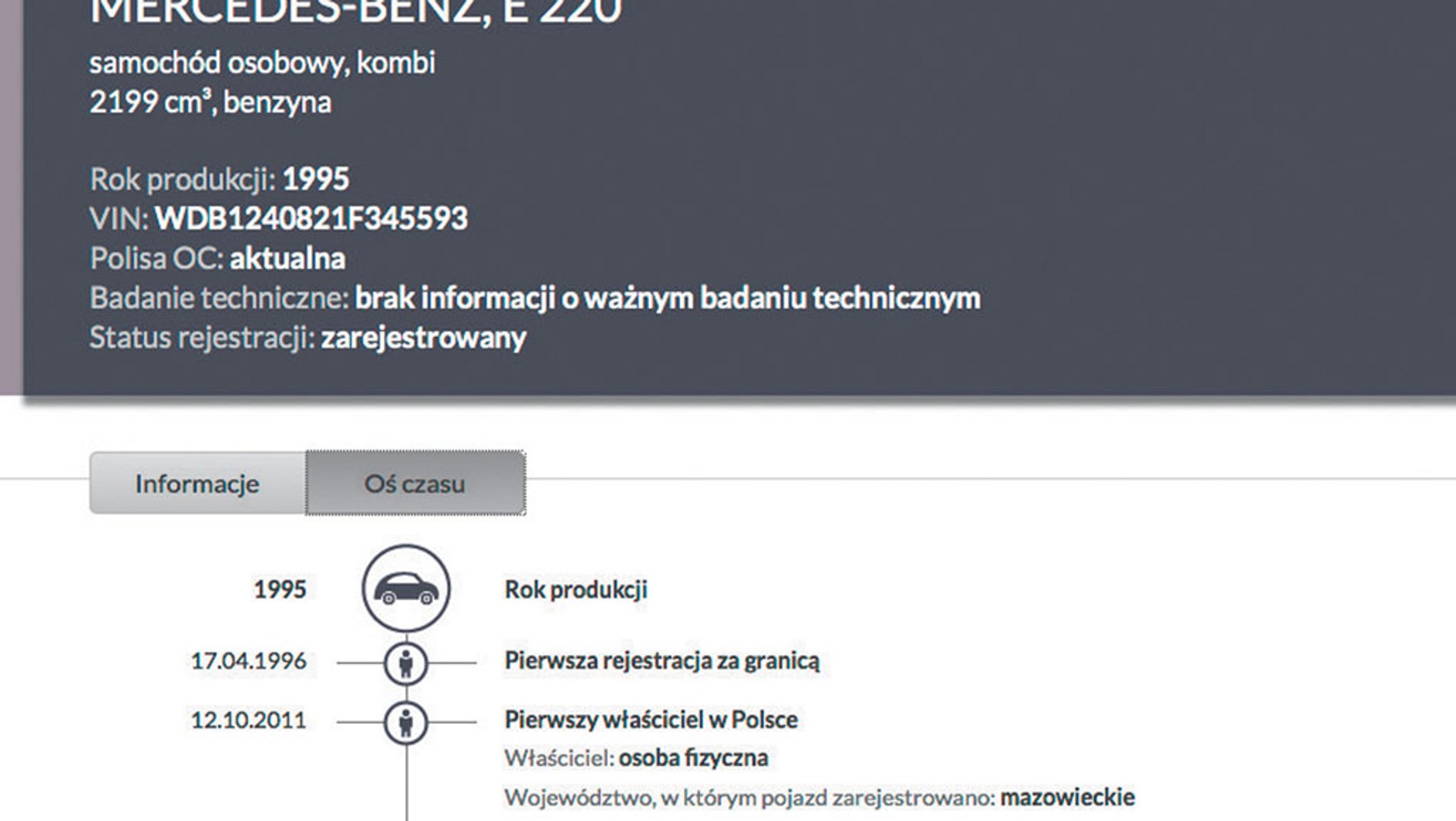 W górnej części strony wyświetlane sa dane o: ubezpieczeniu OC, badaniu technicznym i przebiegu.
Na osi czasu auta znajdziecie informacje o datach rejestracji i zmianach właścicieli. Można też sprawdzić w którym województwie auto było zarejestrowane.
