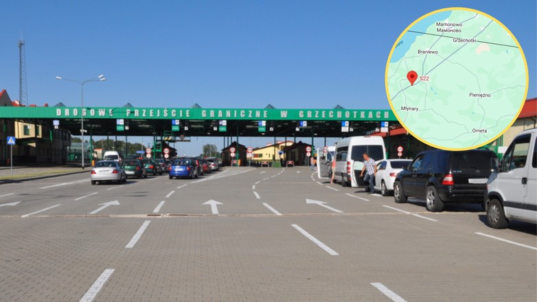 Przejście graniczne z Rosją w Grzechotkach wieńczy S22 (Screen: Google Maps)