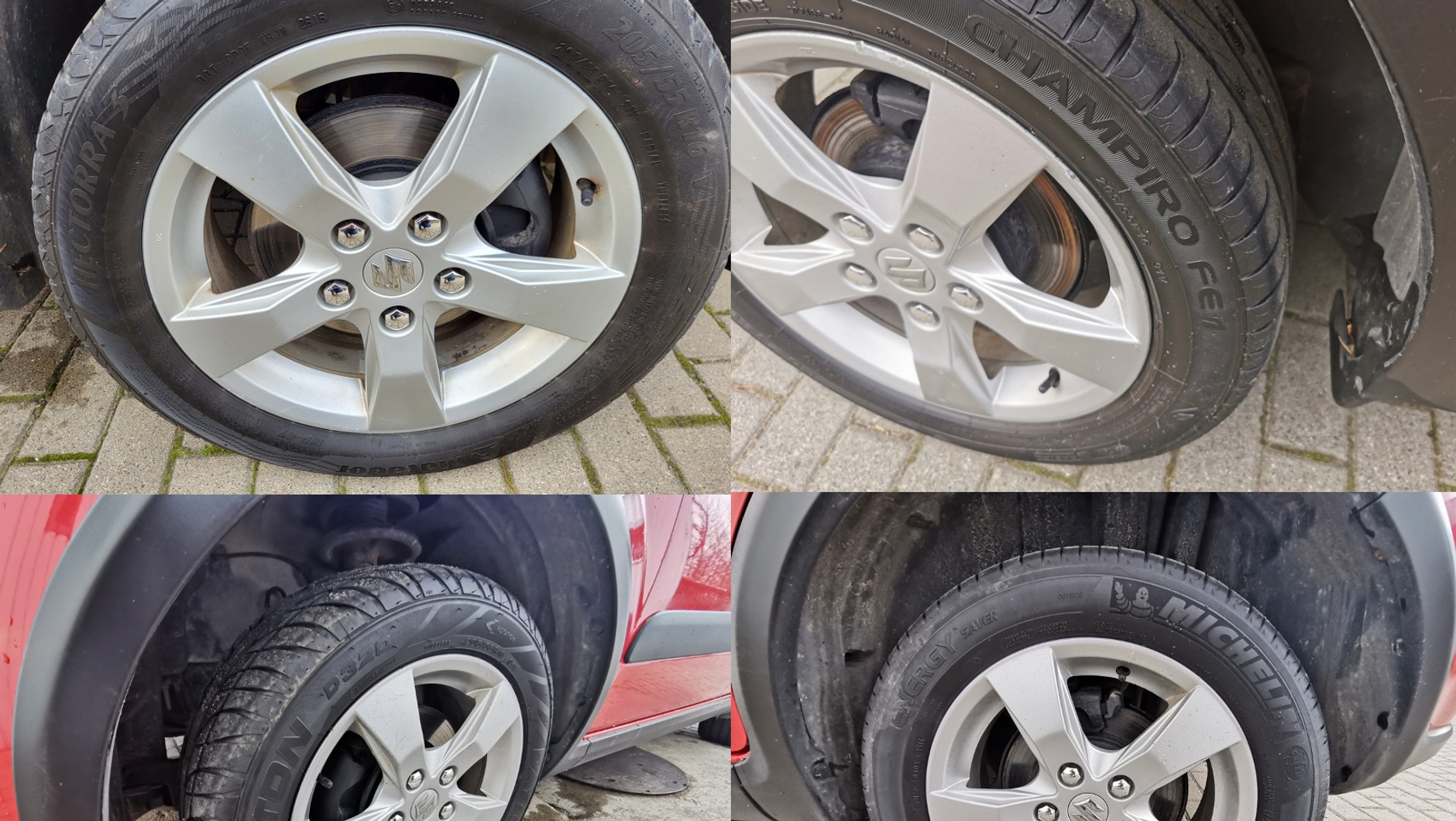 Rozmiar się zgadza, ale reszta już nie. To auto na każdym kole ma inną oponę. W takim stanie nie miało prawa przejść przeglądu. Jazda na tak zróżnicowanym ogumieniu to proszenie się o kłopoty – nie chodzi tylko o to, że można stracić dowód rejestracyjny. Zachowanie auta w ekstremalnych sytuacjach może być nieprzewidywalne, a napęd 4x4 narażony jest na przedwczesne zużycie.